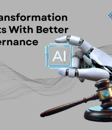 Digital Dividend graphic featuring a robotic hand grasping a microchip labeled "AI," positioned above a wooden gavel, illustrating the core business concept that AI Transformation Starts With Better Governance.