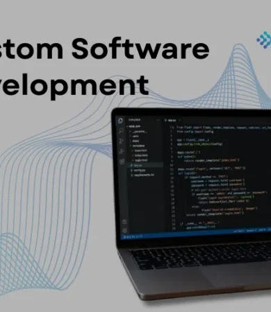 A sleek technology banner highlighting Custom Software Development by Digital Dividend, featuring a laptop displaying lines of code in an IDE text editor against a grey background with abstract blue wave lines.