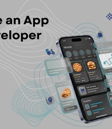 A promotional digital banner encouraging businesses to Hire an App Developer from Digital Dividend. The left side features the bold headline text against a grey background layered with abstract white topographic line patterns. The right side showcases a central smartphone displaying a dark-mode food delivery application interface with pizza and burger menu cards. Floating transparent UI modules surround the phone, detailing elements for "Order tracking" with a map route, a "Cart preview," a "Product card," and a "Payment method" interface alongside tiny delivery scooter and location icons under the blue "Digital Dividend" corporate logo.