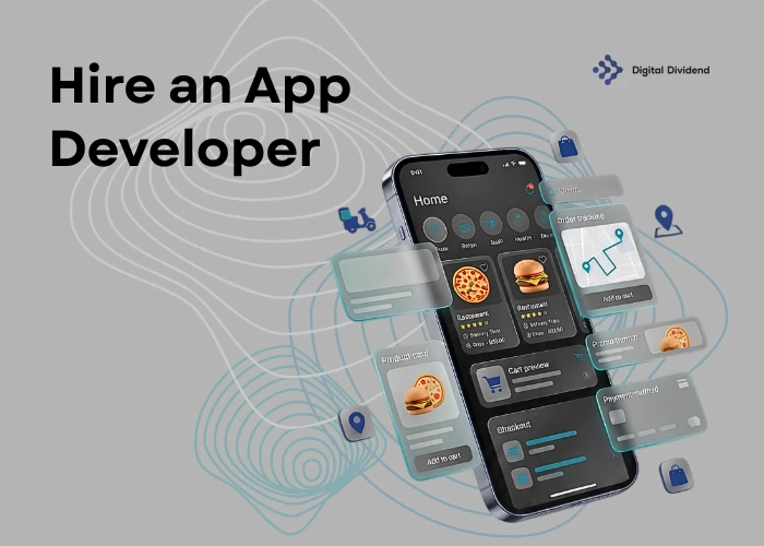 A promotional digital banner encouraging businesses to Hire an App Developer from Digital Dividend. The left side features the bold headline text against a grey background layered with abstract white topographic line patterns. The right side showcases a central smartphone displaying a dark-mode food delivery application interface with pizza and burger menu cards. Floating transparent UI modules surround the phone, detailing elements for "Order tracking" with a map route, a "Cart preview," a "Product card," and a "Payment method" interface alongside tiny delivery scooter and location icons under the blue "Digital Dividend" corporate logo.
