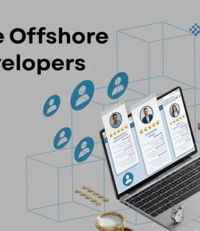 A professional recruitment marketing banner focusing on Hiring Offshore Developers by Digital Dividend. The left side features bold headline text on a solid grey background. The right side features a laptop displaying professional candidate profiles with star ratings and headshots popping up out of the screen, arranged alongside a digital clipboard, a small 3D megaphone, a magnifying glass, and an alarm clock. Blue network wireframe cubes and circular user avatars connect the elements below the blue corporate "Digital Dividend" logo.