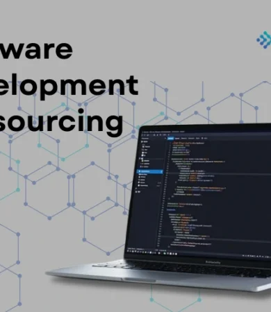 A professional corporate service graphic for Software Development Outsourcing by Digital Dividend, featuring a laptop displaying lines of source code in an editor against a grey background overlaid with geometric data network lines.