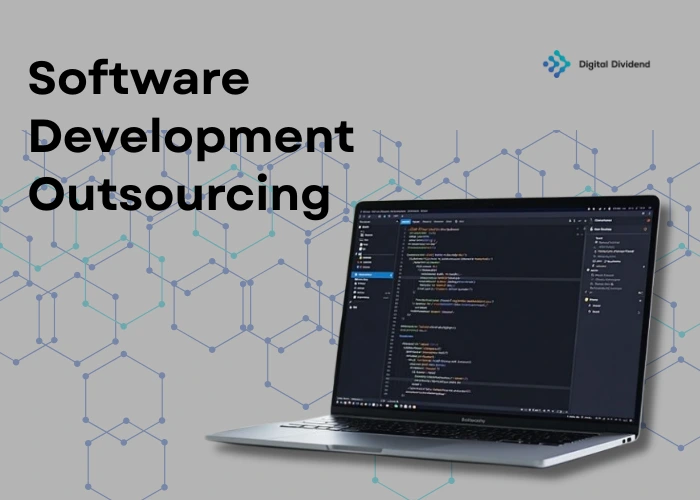 A professional corporate service graphic for Software Development Outsourcing by Digital Dividend, featuring a laptop displaying lines of source code in an editor against a grey background overlaid with geometric data network lines.