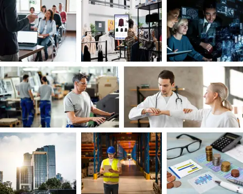 Industries We Serve with Customized Software Solutions – A collage of office, retail, tech, manufacturing, healthcare, logistics, and finance sectors, represented by Digital Dividend.
