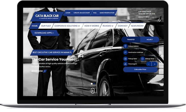 Laptop screen displaying the CataBlackCar – Online Limo Booking website by Digital Dividend, featuring luxury black car service options, navigation menu, booking form, and corporate transportation details.