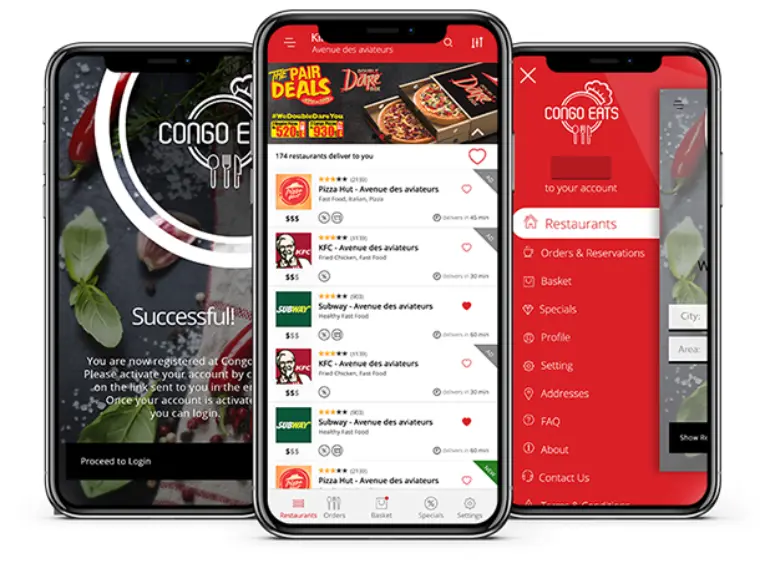 Congo Eats: Food Ordering iOS and Android App interface displayed on three mobile screens, showcasing restaurant listings, menu navigation, and account options — designed and developed by Digital Dividend.