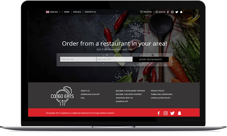 CongoEats – Online Food Ordering platform interface showcased by Digital Dividend on a laptop screen.
