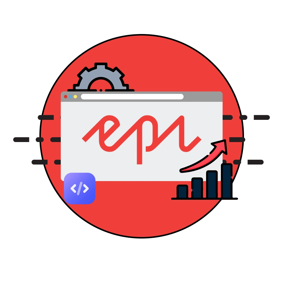 A professional graphic for Digital Dividend titled "Episerver Development Services" with a central browser icon labeled "epi" surrounded by development symbols on a green background.