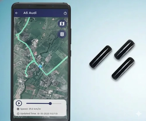 A smartphone displaying a satellite map with a green tracking path next to three compact, black hardware units, illustrating the Executive Summary for Iot Asset Tracking Device by Digital Dividend.