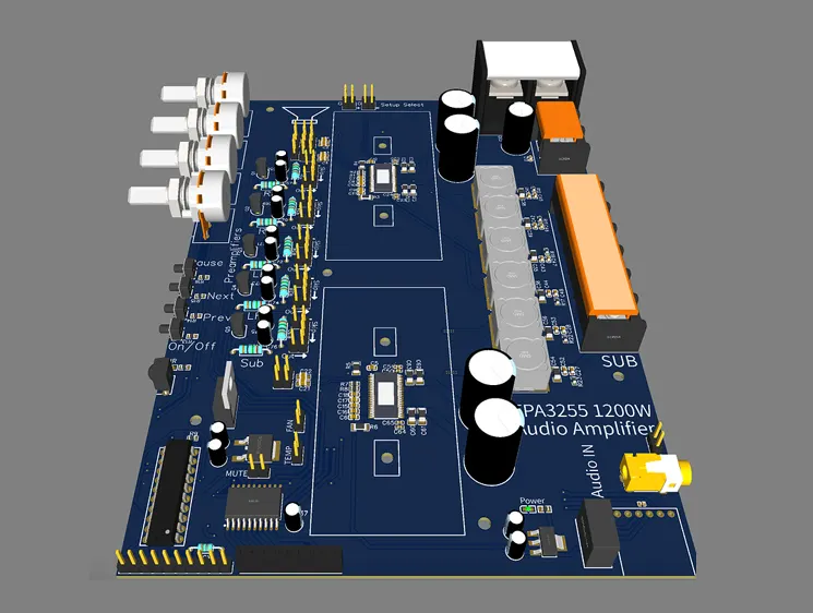 A complex 3D rendering of a blue PCB with preamplifiers, sub-outputs, and control knobs, illustrating the Executive Summary for Wind Power Solution by Digital Dividend.