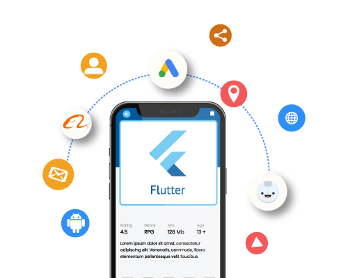 Illustration showing a smartphone with the Flutter logo surrounded by app icons and UI elements, representing cross-platform app creation by Digital Dividend, a leading Flutter App Development Company.