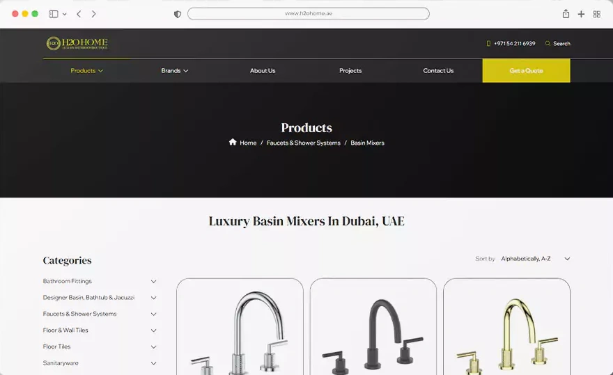 A professional website screenshot of the H2O Home luxury showroom boutique, developed by Digital Dividend, showcasing a catalog of designer faucets and mixers.