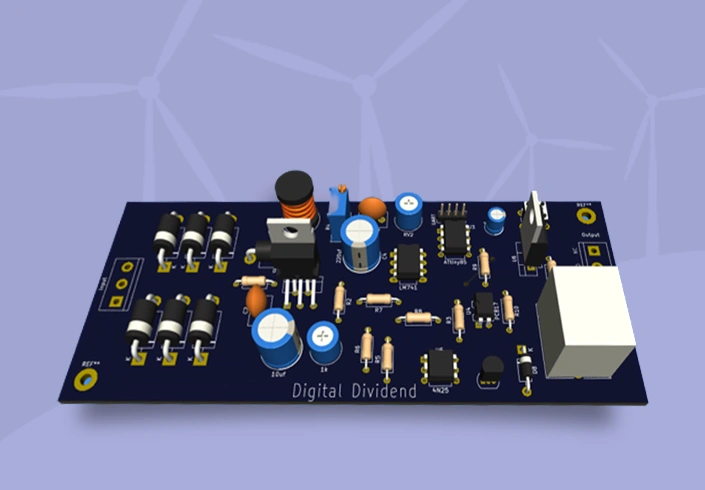 A high-tech 3D render by Digital Dividend for Implementation Highlights, displaying a populated PCB with electronic components over a purple background with wind turbine silhouettes.