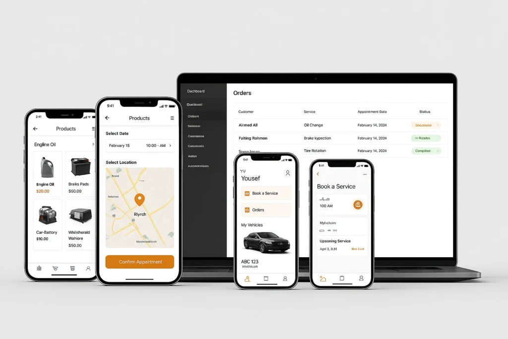 Multiple mobile screens and a laptop displaying Digital Dividend&rsquo;s automotive ordering and service management system interface.
