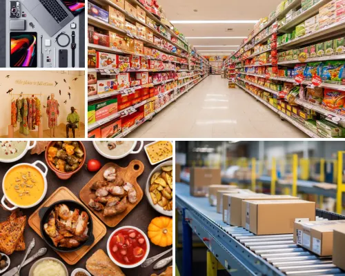 Industries Our WooCommerce Development Company Serves – a collage showcasing retail grocery aisles, packaged food products, fashion apparel, electronics, and logistics fulfillment, highlighting Digital Dividend’s WooCommerce development expertise across multiple industries.