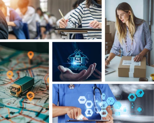 A collage representing various sectors—education, logistics, fintech, e-commerce, and healthcare—showcasing the diverse Industries We Serve for Android App Development by Digital Dividend.