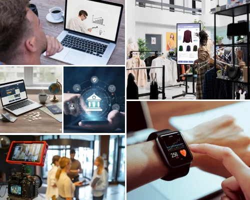 Industries we serve for Flutter app development by Digital Dividend, featuring use cases across eCommerce, finance, education, wearable technology, media production, and business solutions.