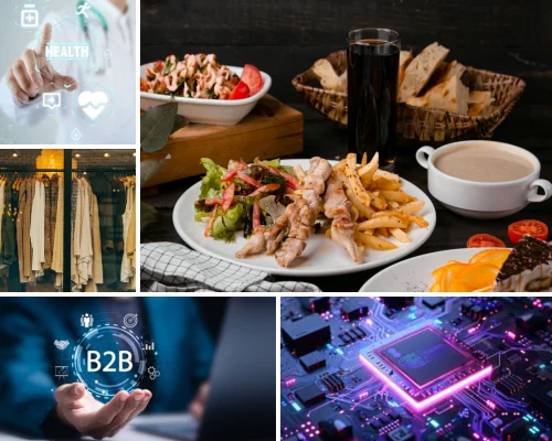 A professional collage by Digital Dividend showcasing the Industries We Serve: digital health icons, gourmet dining, a retail clothing display, B2B networking, and a glowing microchip.