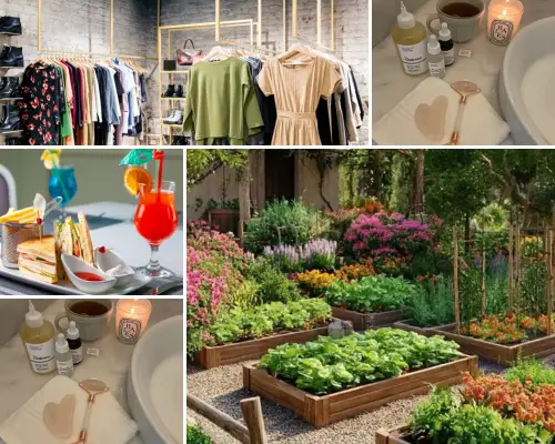 A professional collage by Digital Dividend showcasing Industry-Focused Shopify Development Expertise for clothing boutiques, skincare brands, restaurants, and plant nurseries.