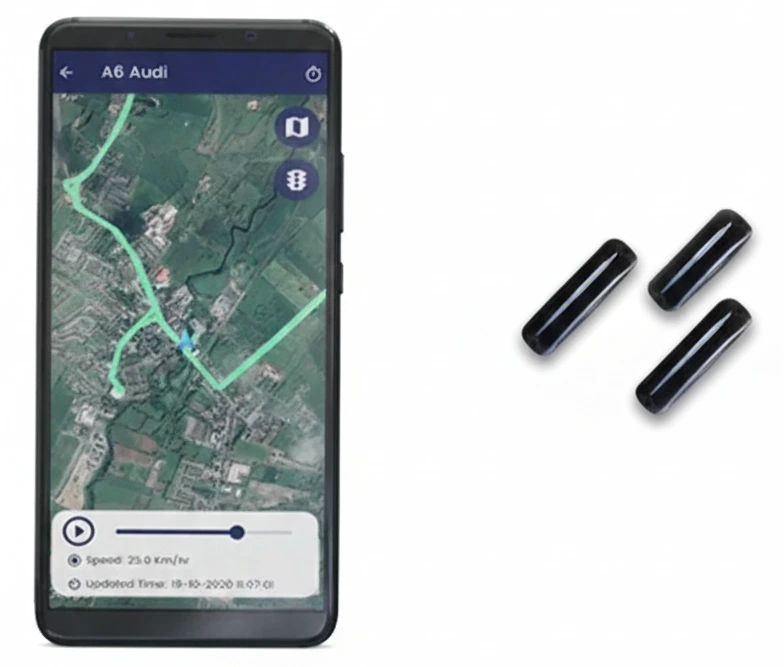 A smartphone displaying a satellite map with a green tracking path next to three compact, black hardware units, illustrating the Executive Summary for Iot Asset Tracking Device by Digital Dividend.