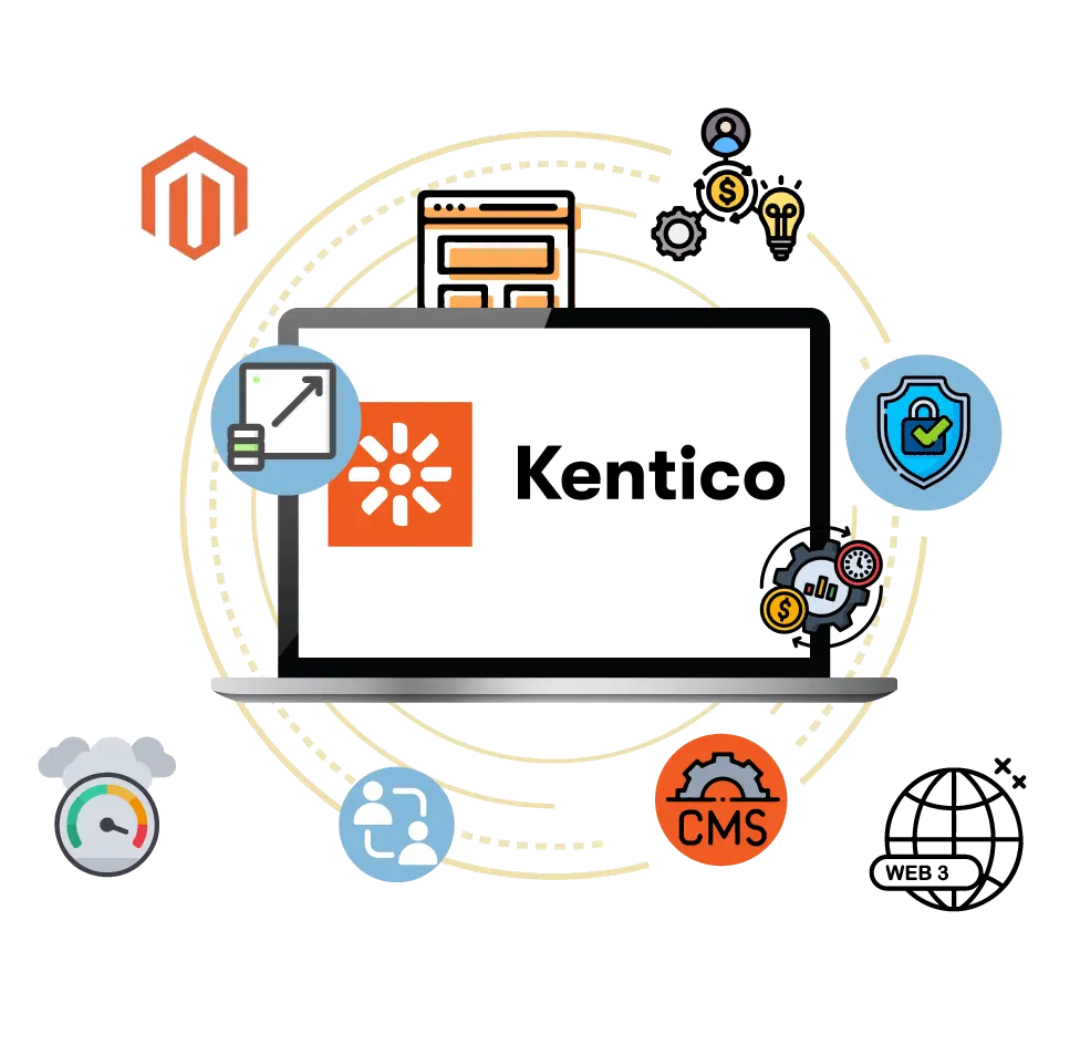 A laptop displaying the Kentico logo surrounded by digital ecosystem icons for security, speed optimization, and CMS management by Digital Dividend.