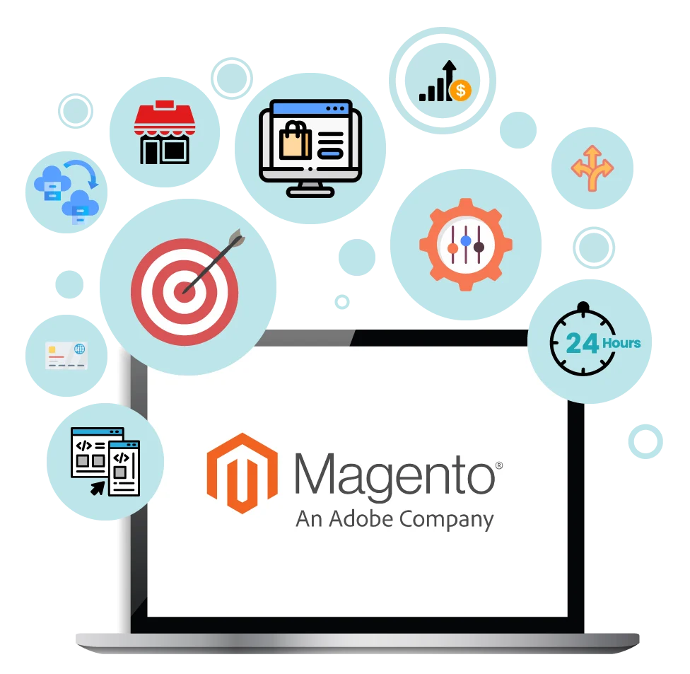 A laptop screen featuring the "Magento: An Adobe Company" logo, surrounded by digital service bubbles representing Magento Development Services by Digital Dividend.