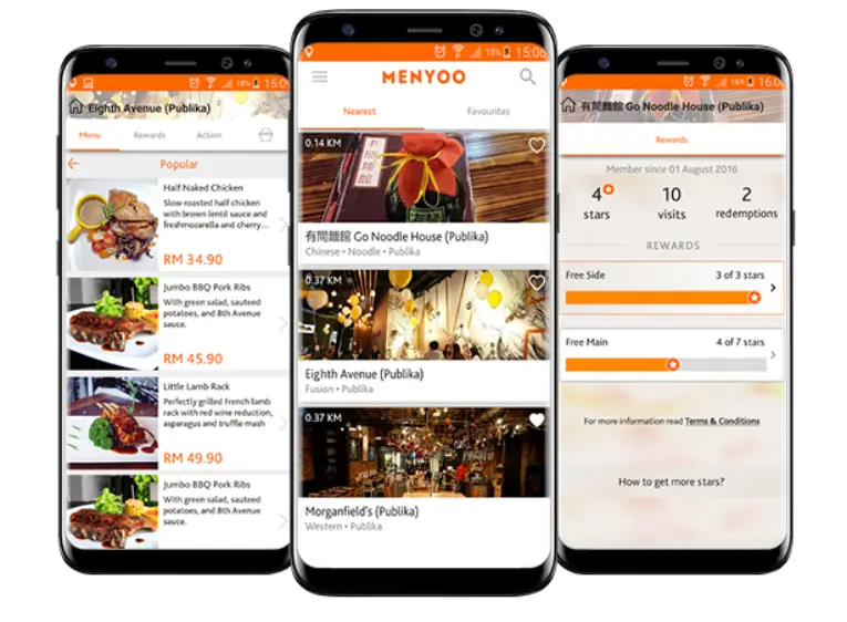 Screenshot showcasing the Menyoo: Food Ordering and Customer Loyalty App by Digital Dividend, displayed on three smartphone screens. The images show restaurant menus with food items and prices, a list of nearby dining options with photos, and a customer rewards dashboard featuring visit counts, star ratings, and redemption progress.