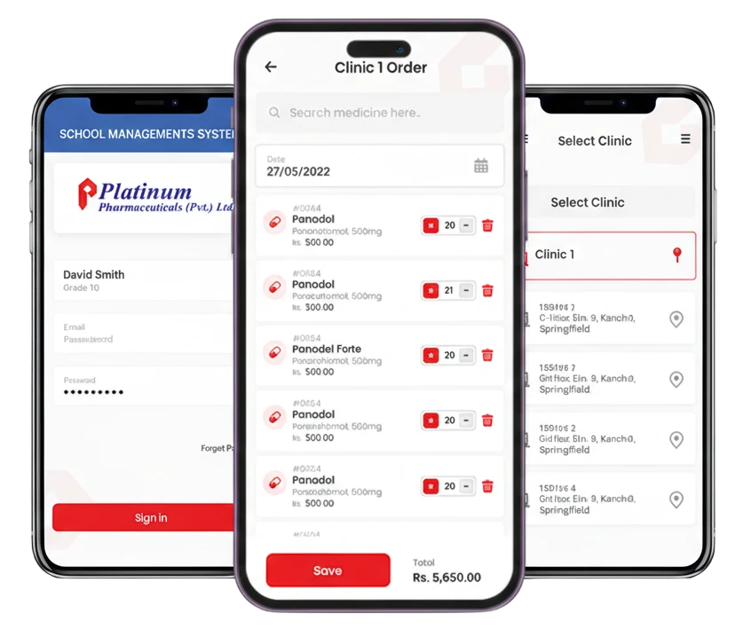 Platinum Pharma – Pharmaceutical Management System by Digital Dividend, showcasing a mobile app with clinic order management, medicine listings, pricing, secure login, and clinic selection features.