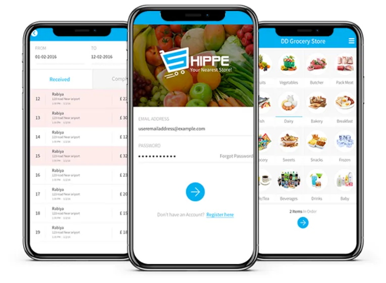 Shippe: Grocery Ordering App interface displayed on three mobile screens, showing login, product categories, and order history — designed and developed by Digital Dividend.