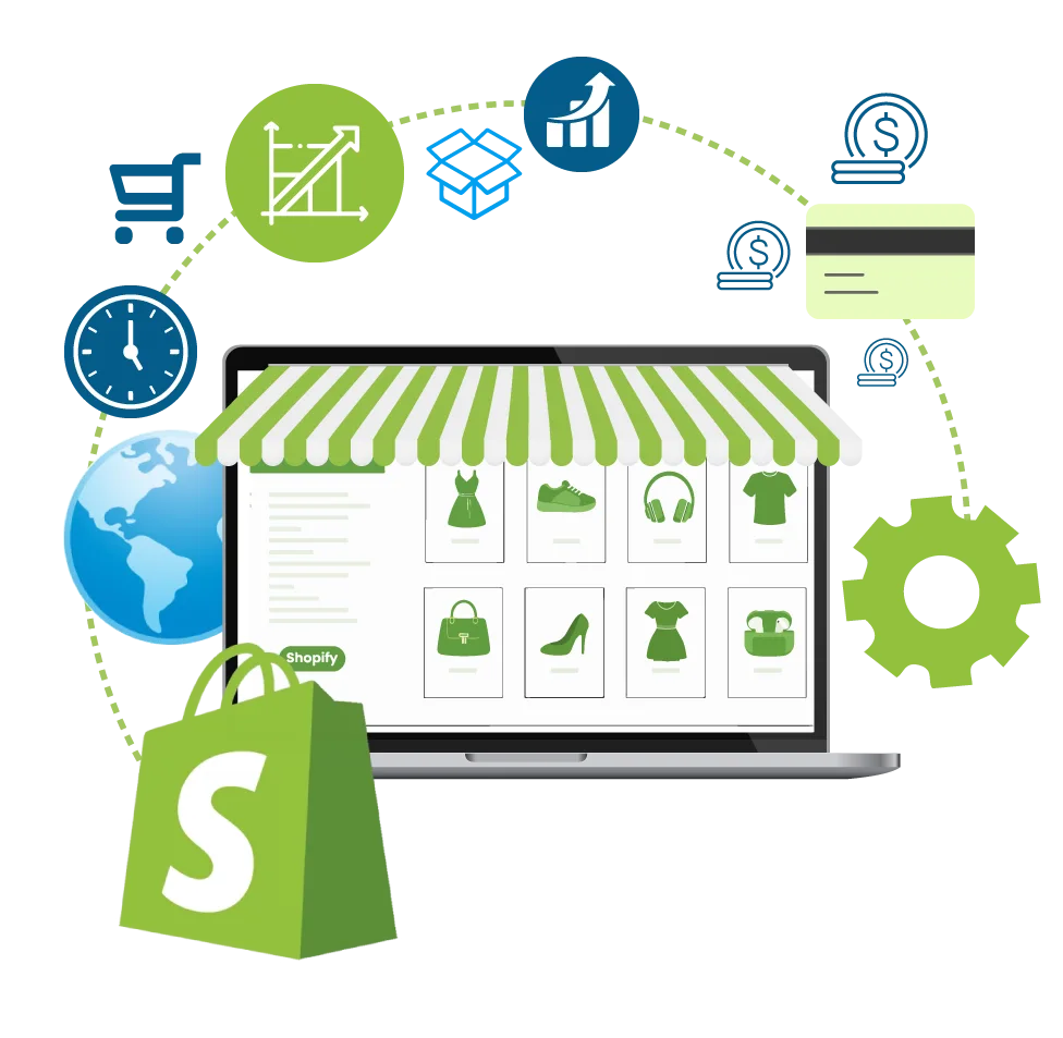 A laptop showing a green-themed Shopify store under a striped awning, surrounded by a cycle of e-commerce icons representing Shopify Development Services by Digital Dividend.