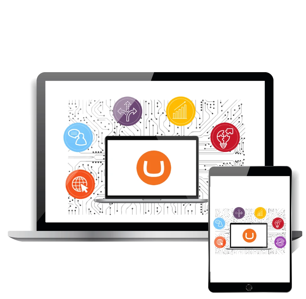 A laptop and tablet displaying the Umbraco logo surrounded by digital circuit patterns and icons for global connectivity, growth, and puzzle-solving by Digital Dividend.