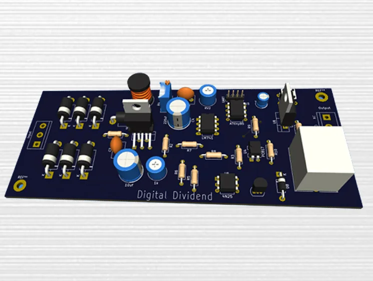 A 3D render of a blue printed circuit board (PCB) branded by Digital Dividend, showcasing the electronic architecture of a Wind Power Solution Overview.