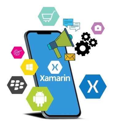A smartphone featuring the Xamarin logo surrounded by icons for e-commerce, social media, and cross-platform compatibility by Digital Dividend.