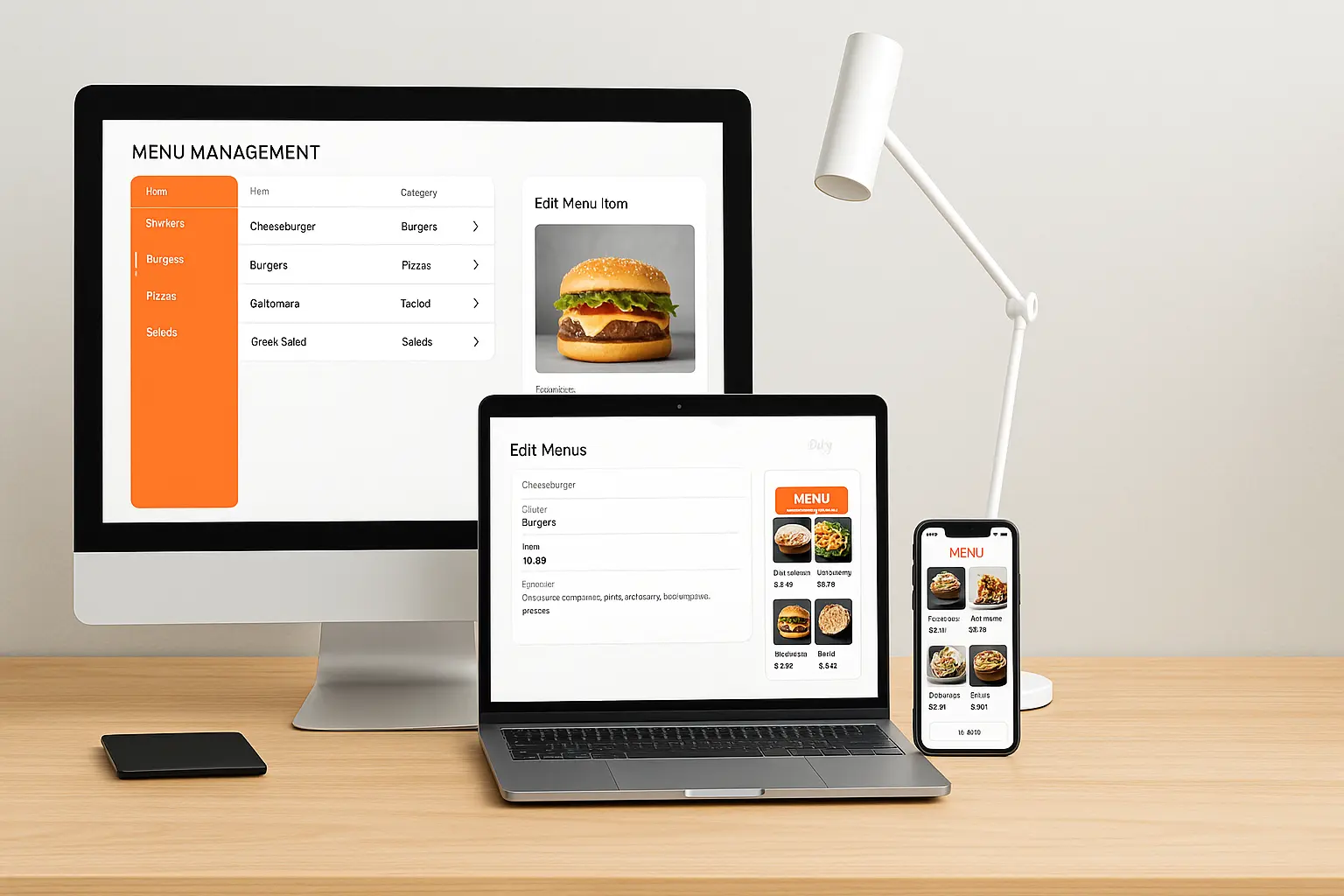 Digital Dividend restaurant menu management system displayed across desktop, laptop, tablet, and mobile devices on a wooden desk, showing the admin dashboard and digital menu UI — primary keyword: digital restaurant menu management system.