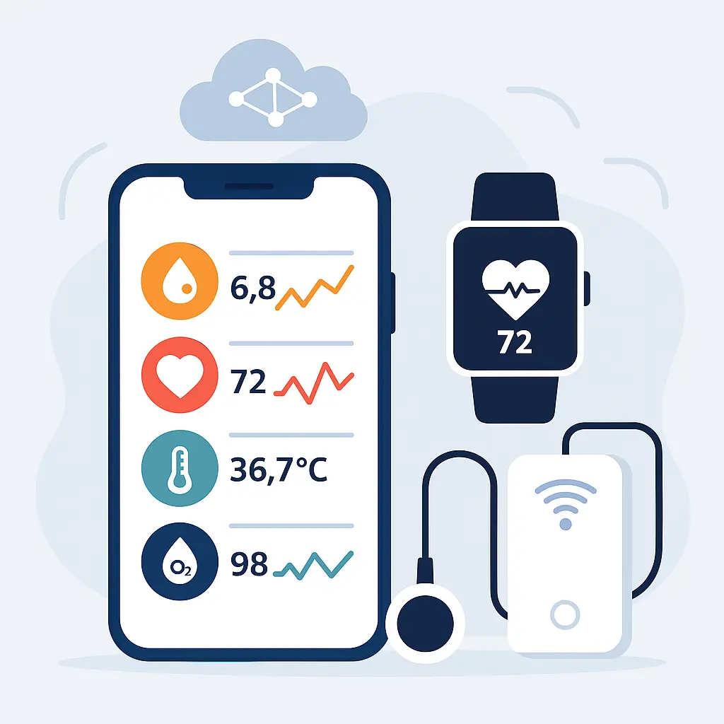 “Illustration of an IoT health monitoring system showing a smartphone, smartwatch, and medical sensor device connected through cloud technology, representing Digital Dividend’s integration of IoT healthcare solutions.