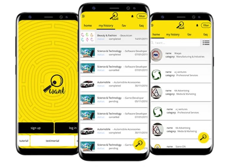 iWant: Connecting Businesses and Consumers app interface displayed on three mobile screens, showing onboarding, service categories, and user history — developed by Digital Dividend.