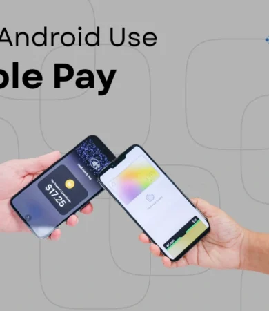 A professional technical explainer from Digital Dividend titled "Can Android use Apple Pay," showing two smartphones performing a contactless mobile payment transaction.