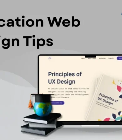 Digital Dividend education web design banner showing a laptop with UX design content and academic symbols like a globe and graduation cap.