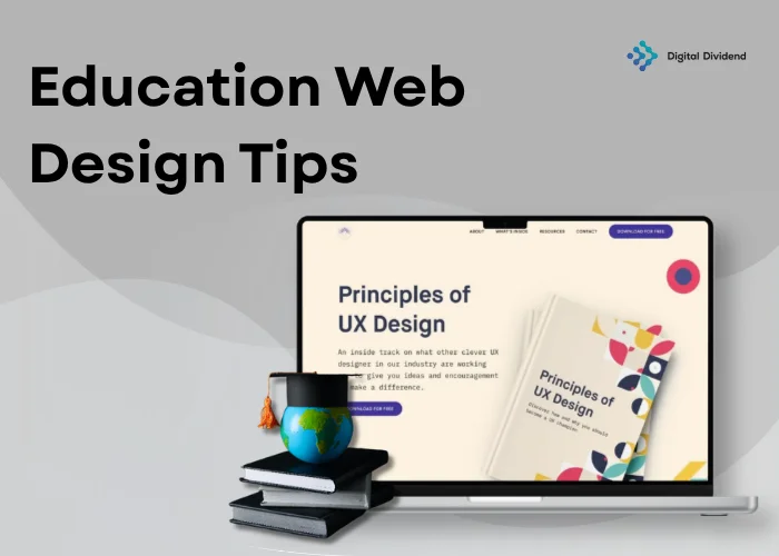 Digital Dividend education web design banner showing a laptop with UX design content and academic symbols like a globe and graduation cap.