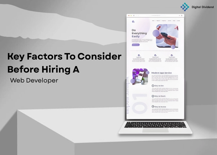 Keyfacts to consier before hiring a web developer &ndash; a professional visual showing a laptop displaying a modern website layout and service features, highlighting important considerations before choosing a web developer, presented by Digital Dividend.