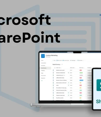 A professional corporate service graphic for Microsoft SharePoint solutions by Digital Dividend, featuring a laptop displaying a SharePoint team site dashboard next to a tablet showing the official SharePoint logo against a grey background.