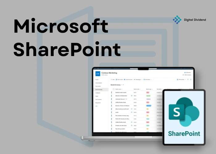 A professional corporate service graphic for Microsoft SharePoint solutions by Digital Dividend, featuring a laptop displaying a SharePoint team site dashboard next to a tablet showing the official SharePoint logo against a grey background.