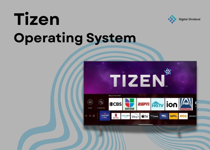 Digital Dividend's expertise in Tizen OS development, featuring a smart TV screen displaying the Tizen Operating System interface with various streaming app icons.