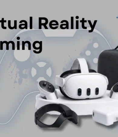 A dynamic showcase of Virtual Reality Gaming solutions by Digital Dividend, featuring a player wearing a VR headset immersed in a glowing neon purple and pink futuristic game interface.