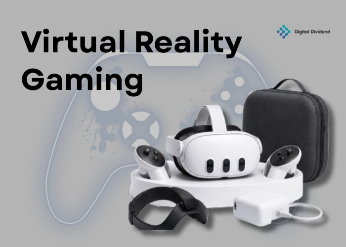A dynamic showcase of Virtual Reality Gaming solutions by Digital Dividend, featuring a player wearing a VR headset immersed in a glowing neon purple and pink futuristic game interface.