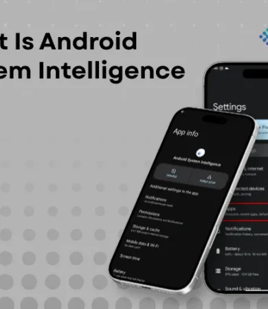 A technical guide from Digital Dividend titled "What Is Android System Intelligence," showing a smartphone interface with the App Info and Settings menus for Android OS.