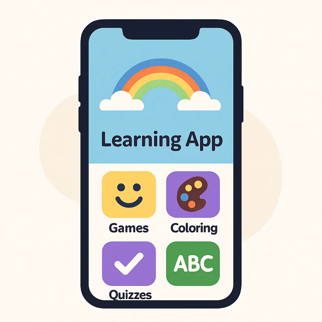 Illustration of a learning app for kids displayed on desktop and mobile screens, showing games, coloring, quizzes, and worksheets, representing Digital Dividend’s digital learning platform.