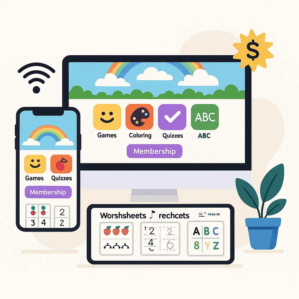 Colorful web and mobile interface of a learning app for kids with interactive worksheets and membership options, designed as part of Digital Dividend’s EdTech solution.