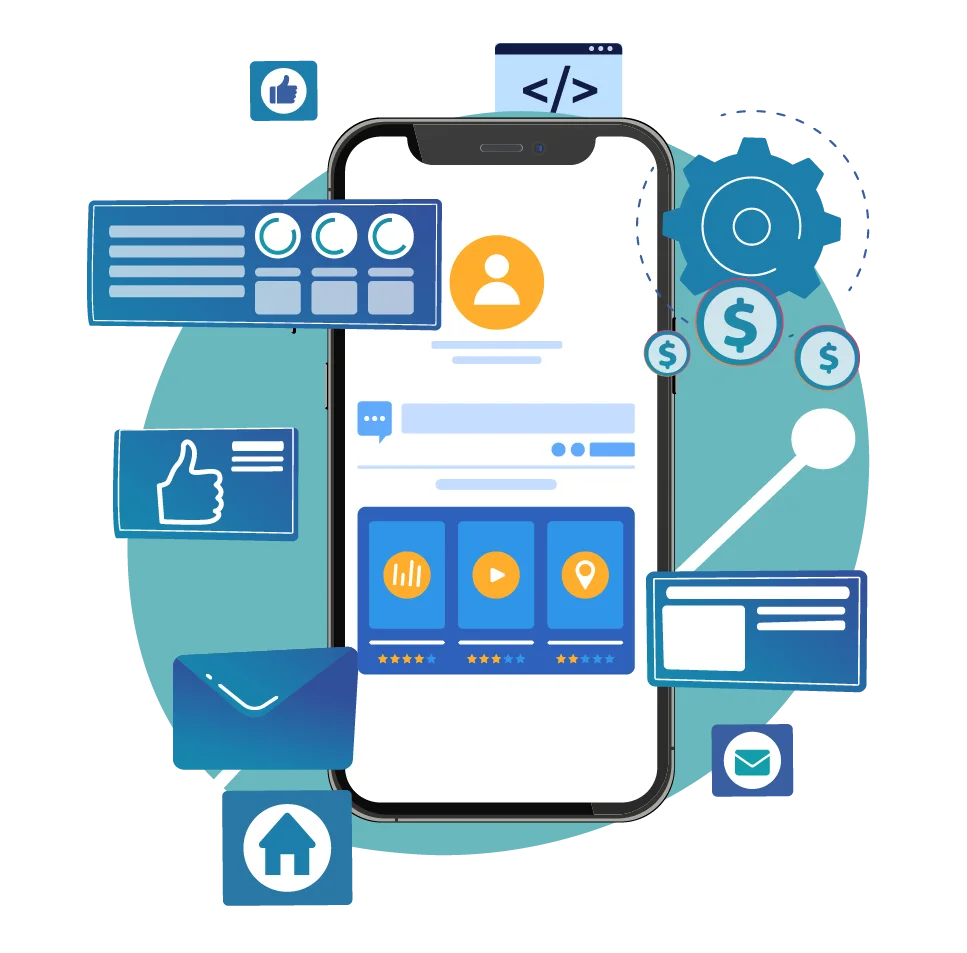 A flat vector illustration representing Enterprise Application Services by Digital Dividend, featuring a central smartphone interface surrounded by floating app development icons, code symbols, a gear, dollar signs, and analytics panels.