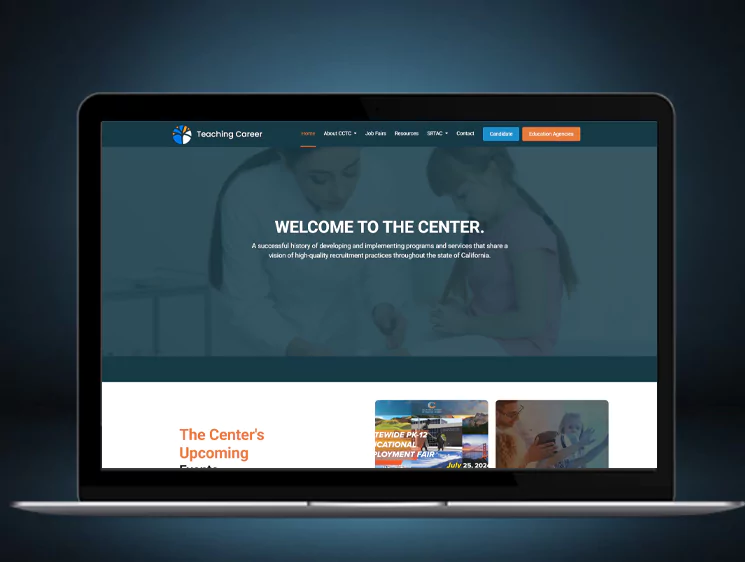 A laptop screen displaying a professional recruitment website developed by Digital Dividend, titled Solution Implementation by Digital Dividend, with a focus on education services.